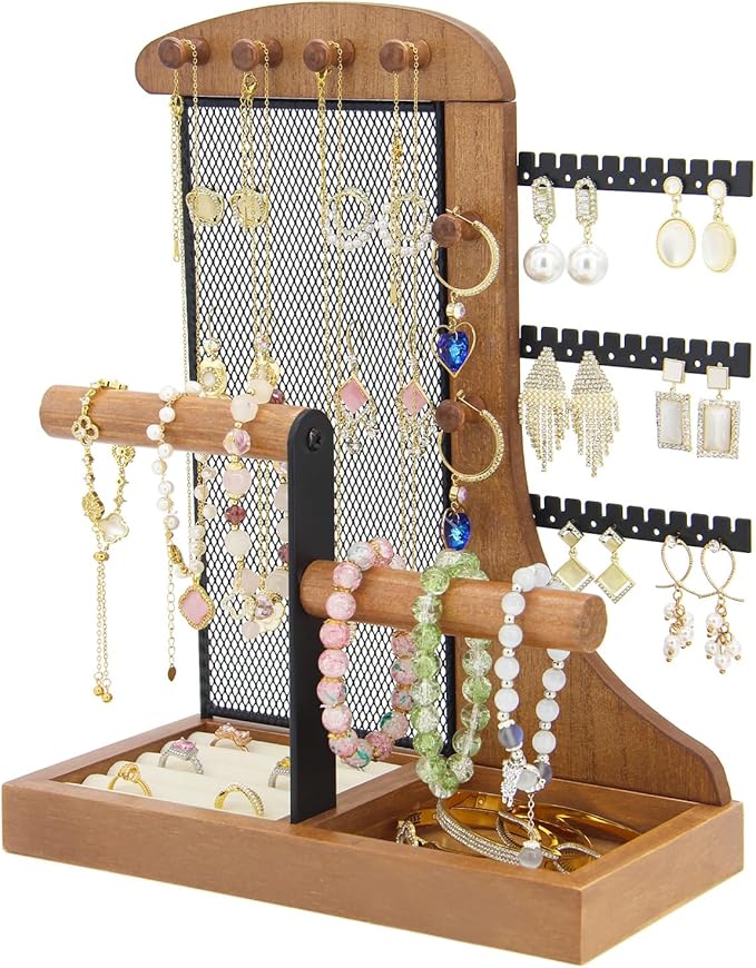KOOAAICCHI Jewelry Organizer Stand Wooden Multi-Tier Jewelry Display Rack,Anti-tangle Necklace Holder,Jewelry Stand with Velvet Tray for Rings,Earrings and Bracelets (Brown)