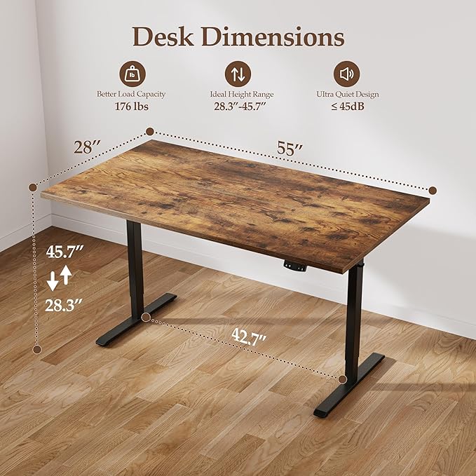 Klicelor 55 x 28 Electric Standing Desk, Sit Stand Up Home Office Desk, Height Adjustable Deep Cumputer Table with Memory Presets and Hooks, Two Pieces, Rustic Brown