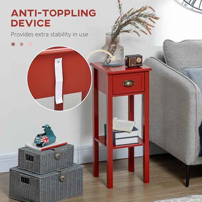 HOMCOM Narrow End Table with Drawer and Bottom Shelf, Slim Side Table for Small Spaces, Skinny Modern Accent Desk for Living Room, Set of 1, Red