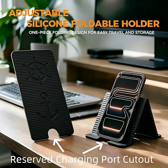 Flexible Silicone Aluminum Phone Holder Tablet Stand with Charging Port Design, Foldable Airplane Laptop/Phone Stand for Home Office Travel (Black)