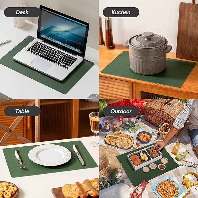 Placemats Set of 4 Reversible Dual-Color Table Placemats, Faux Leather 100% Waterproof Oil-Proof Wipeable Place Mats, Heat Resistant Dual Sided Table Mats for Kitchen/Dining/Party (Green&Gray