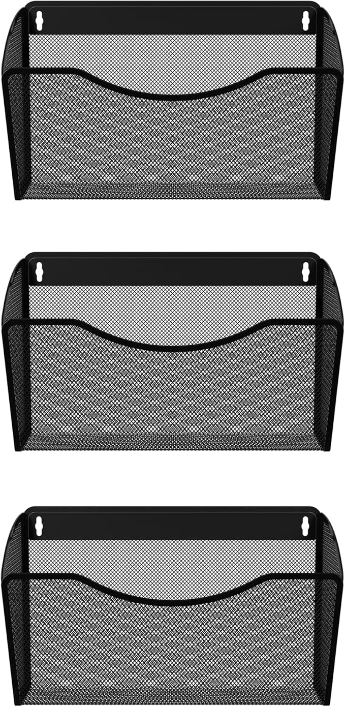 EasyPAG 3 Pack Wall File Organizer, Metal Mesh Hanging File Folder Holder for Letter/A4 Size Folders, Vertical Wall Mount Mail Sorter for Office Paperwork, Classroom, Black