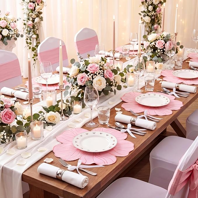 Moukeren Set of 6 Elegant Floral Placemat 16'' Flower Shaped Place Mat Flower Embroidery Table Mat for Wedding Bridal Shower Baby Shower Tea Party Kitchen Dining Table Decor(Pink)