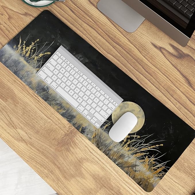 Vintage Gold and Black Full Moon Wilderness Mouse Pad,Aesthetic Dark Night Nature Scenery Desk Mat,Rustic Cottagecore Grassland Mousepad for Home Office Dorm Desktop Decor,31.5x11.8 Inch