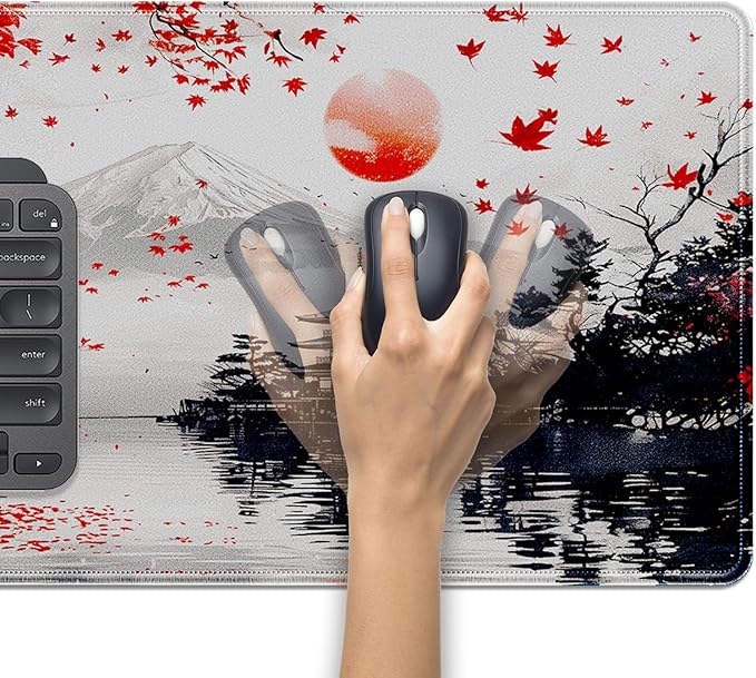 Mount Fuji Mouse Pad Desk Pad, 27.5x11.8 in Japanese Style Mouse Pad Extended Keyboard Mousepad with Stitched Edges, Waterproof Non-Slip Rubber Base for Office Computer Laptop Home