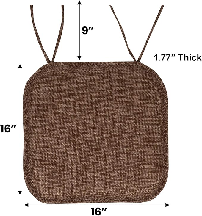 Sweet Home Collection Chair Cushion Memory Foam Pads with Ties Honeycomb Pattern Slip Non Skid Rubber Back Rounded Square 16" x 16" Seat Cover, Herringbone Brown
