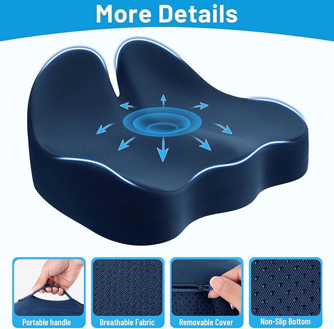 CushZone Memory Foam Seat Cushion for Office Chair, Ergonomic Coccyx Cushion for Desk Chair, Tailbone Support Pillow for Long Sitting, Non-Slip Seat Pad for Home, Gaming Chair -Navy Blue, X-Large