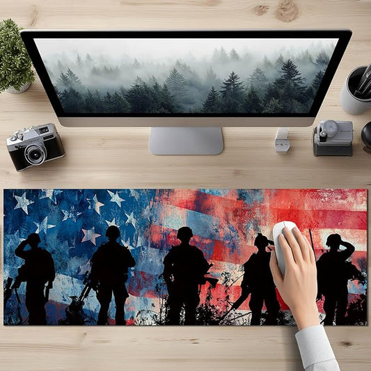 HOMETITUTE XL Mouse Pad 31.5 x 11.8 Inch Patriotic American Flag Soldier Silhouette Desk Mat Large Extended Keyboard Mat Computer Desk Pad Non Slip Waterproof Mouse Pads Gaming Office