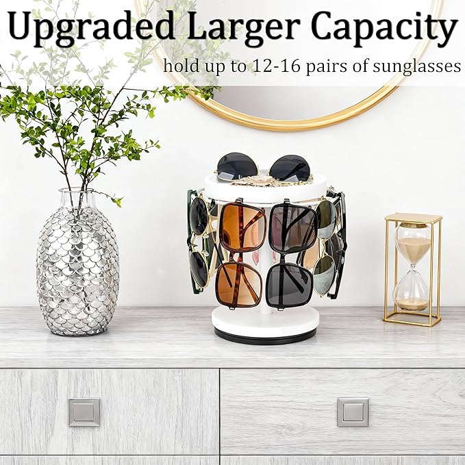 Sunglasses Organizer 360° Rotating Eyeglass Holder Stand with Wood Tray and Base, Eye Glass Display Rack for Multiple Sunglass Storage for Table Dresser Nightstand Desk (White)