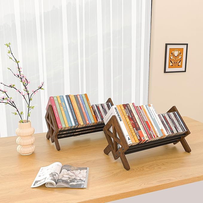 Desktop Bookshelf Organizer, Wood Office Tabletop Book Storage Rack, Tilting Bookcase for Books/CDs/Magazine Display (2 Packs Black)