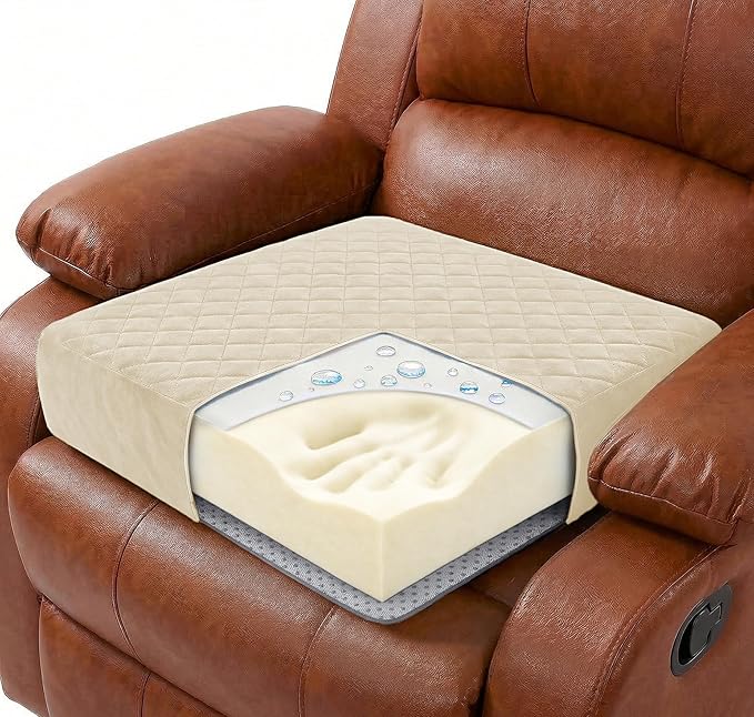 Soft 20x20x5 Memory Foam Recliner Chair Seat Cushion for Long Sitting - Armchair Pad with Washable Velvety Cover & Non-Slip Base for Seniors & Elderly - Cream