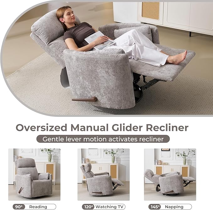 Oversized Swivel Rocker Recliner Chair with Massage and Heat, Manual Swivel Glider Rocker Recliner with 2 Bolster Pillows, Rocking Nursery Chair with Storage Ottoman , Adjustable Headrest, Light Grey