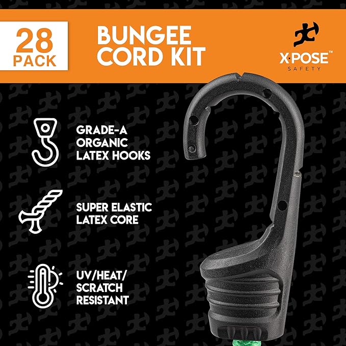 Heavy Duty 28pc Bungee Cord Set with Hooks, Canopy Ties, Luggage Net & Organizer Bag - Assorted Sizes (18", 24", 32", 40") for Outdoor, Bike Racks, Motorcycles