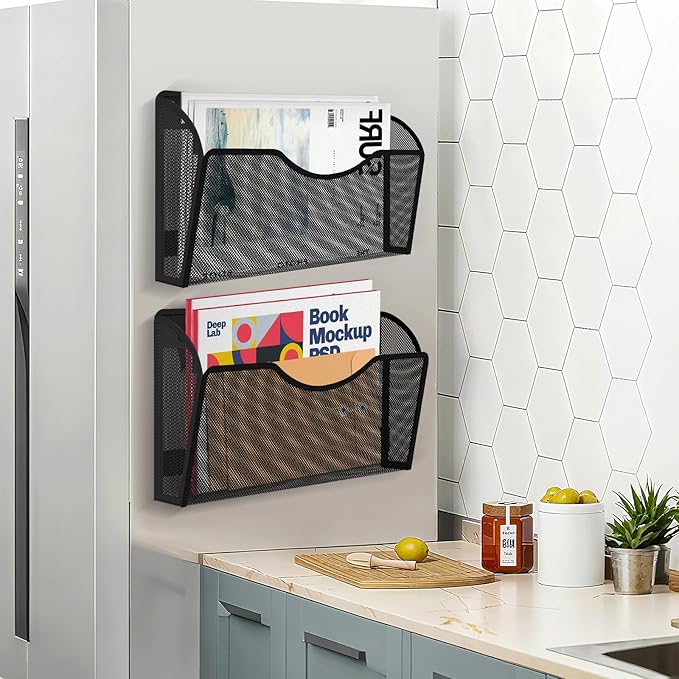 6 Pack Magnetic File Holder, Magnetic Pocket Wall File Holder, Mesh Wall Paper Organizer, Vertical Mail Basket, Storage Organization Magazine Rack for Office, Home and School