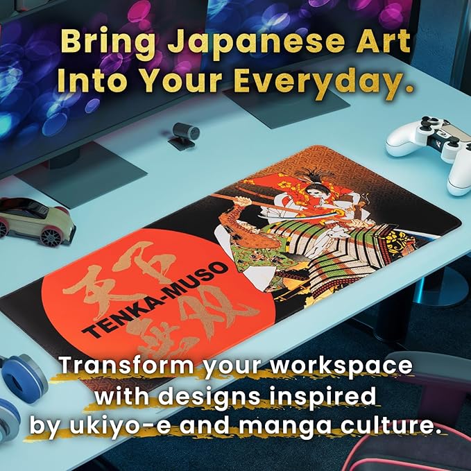 BELLEMOND Japanese Art Desk Mat | Large 31.5x11.8in Anime Mouse Pad for Keyboard & Mouse | Non-Slip Base, Water-Repellent | Original Japanese Design | Tenka Muso - The Unrivaled Warrior