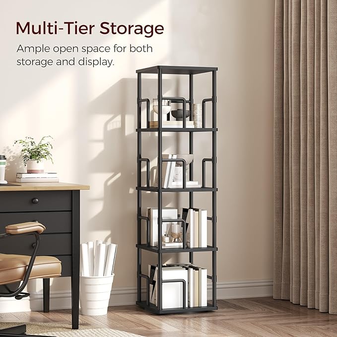 MAHANCRIS 4-Tier Rotating Bookshelf, Freestanding Corner Bookshelf, 360° Spinning Bookcase, Industrial Style Storage Rack with Rails, for Living Room, Bedroom, Study, Black BKBK1501