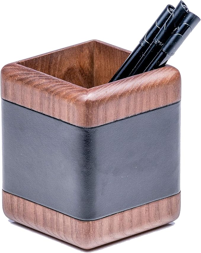 DACASSO Wood & Leather Desk Set - Luxury Leather Desk Pad & Desk Organization Essentials - Office Organization & Executive Desk Decor - (Walnut and Black, 8 Piece)