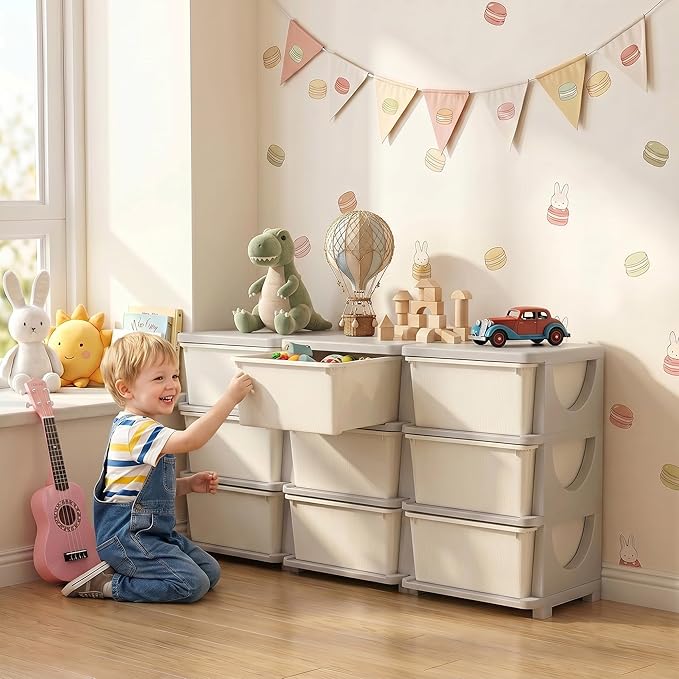 Qaba 3 Tier Kids Storage Unit, Toy Organizers and Storage with 9 Drawer Chest for Kids Bedroom Nursery Kindergarten Living Room for Boys Girls Toddlers, Cream White