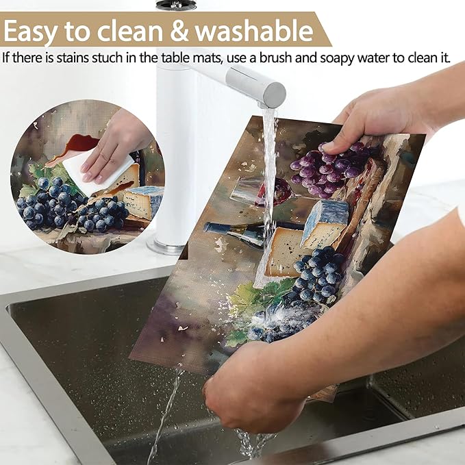 Watercolor Wine and Cheese Linen Placemats Set of 6, Decorative Table Mats 12x18 Inch, Washable Heat Resistant Placemats for Dining Table Kitchen Home Decor