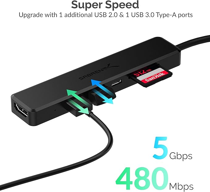 SABRENT Multi-Port USB Type-C Hub with 4K HDMI | Power Delivery (60 Watts) | 1 USB 3.0 Port | 1 USB 2.0 Port | SD/microSD Card Reader (HB-TC6C)