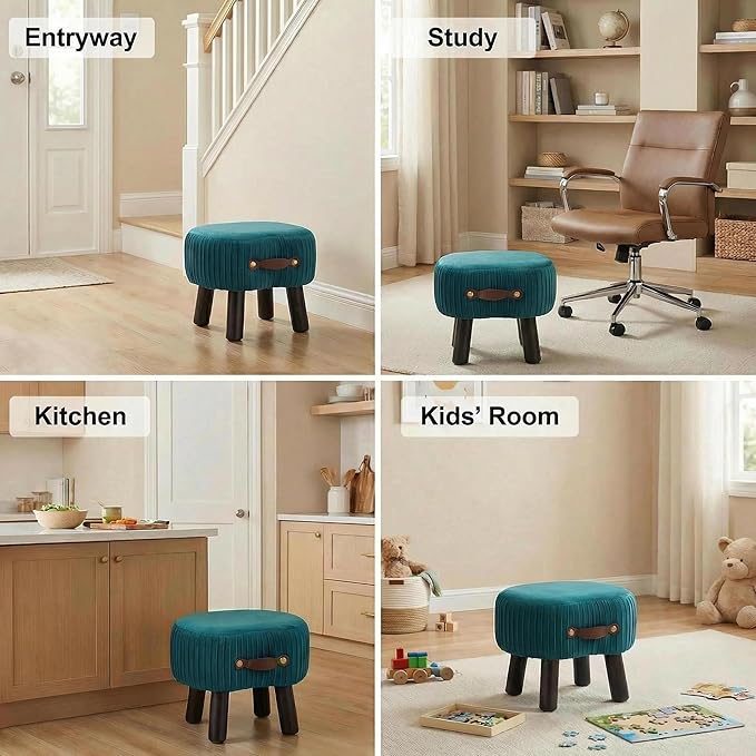 Small Footstool with Handle, Velvet Ottoman Foot Rest with Padded Seat, Curved Foot Stool with Wooden Legs, Portable Foot Rest for Living Room, Bedroom, Entryway, Peacock Blue