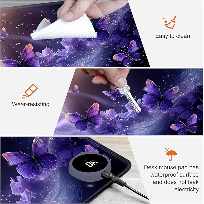 Heated Mouse Pad,Warm Desk Pad with 3 Levels Heating & 3 Hours Auto Shut-Off, PU Leather Heated Desk Pad Warmer Pad for Home Office - 31.5 x 13 inch,Purple Butterfly