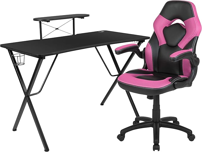 BizChair Black/Pink Gaming Desk Set with Cup Holder, Headphone Hook, and Monitor Stand