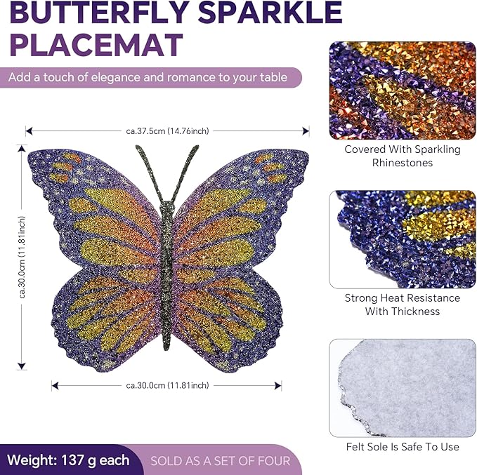 Butterfly Placemats Set of 4, Colorful Rhinestones Bling Butterfly Home Kitchen Table Decoration Place Mat,Gifts for Friends Women Mom (Purple,4PCS)