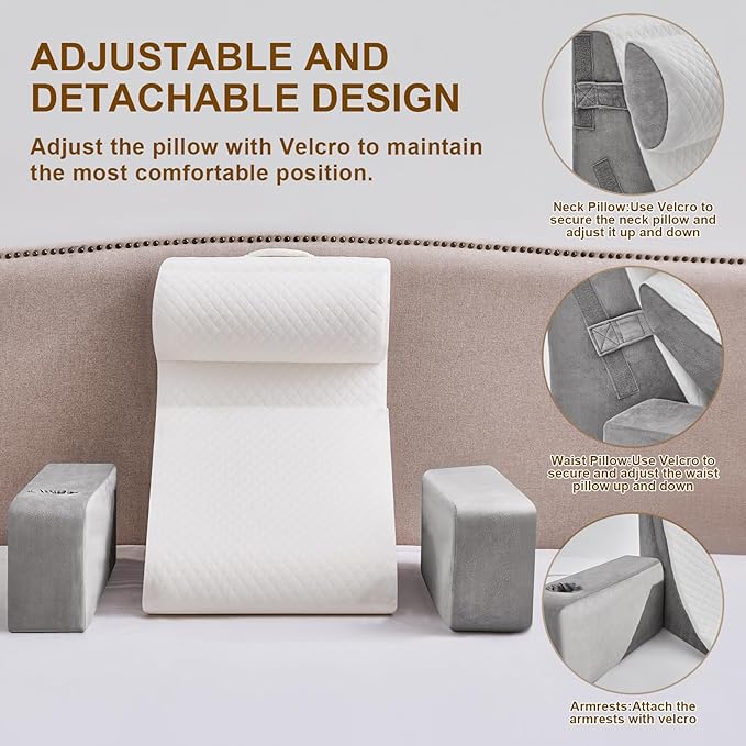 5pcs Reading Pillow for Adults Sitting in Bed – Back Pillow for Bed Sitting Up with Arms, Pockets & Cup Holder, Sit-Up Backrest Pillow for Beds & Chair Use, Beds Rest Pillows for Gaming, Watching TV