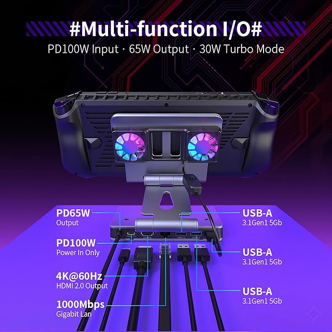 6-in-1 Gaming Docking Station, Built-in Cooling Fan & RGB Light, 4K@60Hz HDMI, Gigabit Ethernet, 100W PD Charging, Adjustable Stand, Portable Dock for Steam Deck, ROG Ally, Legion Go