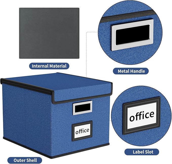 Decorative File Organizer Boxes Office Document Storage with Lids, Portable Collapsible Linen Hanging Filing & Storage Boxes for Office/Decor/Home (Royal Blue) -14.9 x 12.7 x 10.8 inch -2 Pack