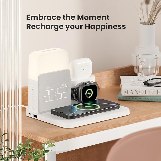 Alarm Clock with Wireless Charger for Bedrooms, 6 in 1 Wireless Charging Station, Magnetic Charger with Night Light Bedside Clock for iPhone 16 15 14 13 12 Pro Max, Apple Watch, AirPods