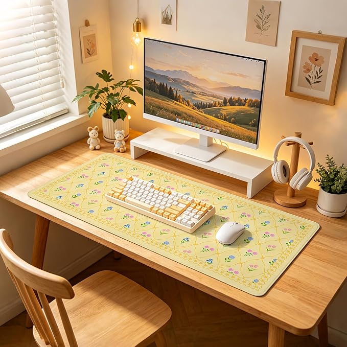 Floral Aesthetic Yellow Mouse Pad Large 35.4×15.7 Flower Girly Desk Mat for Women, Non-Slip Water-Resistant Pad for Home Office Gaming Decor