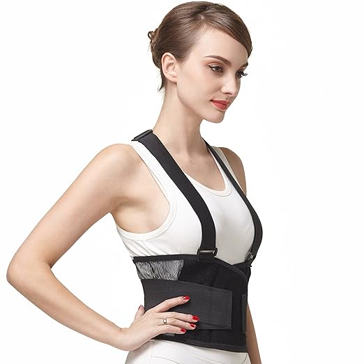 NeoTech Care Back Brace with Suspenders/Shoulder Straps - Light & Breathable - Lumbar Support Belt for Lower Back Pain - Posture, Work, Gym - Black Color (Size S)