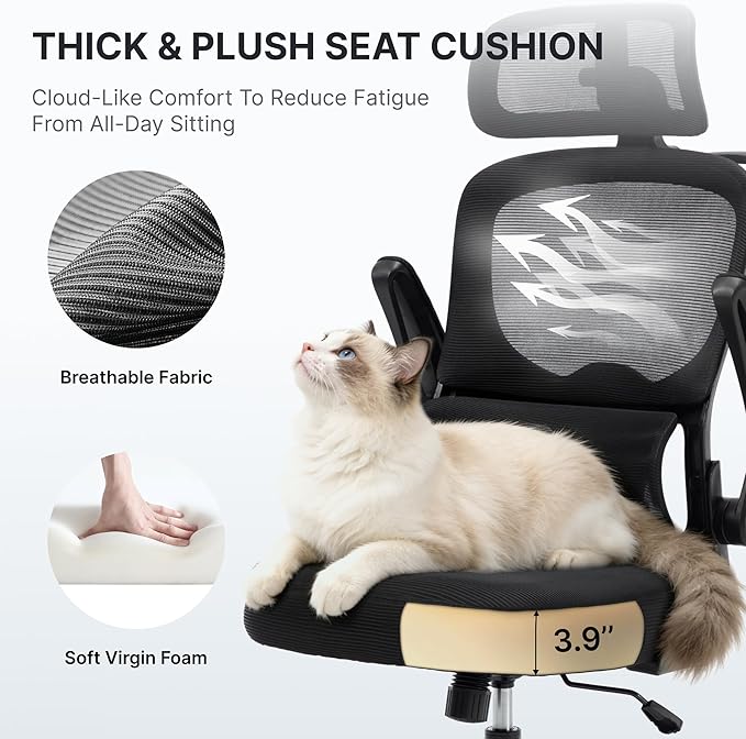 Ergonomic Mesh Office Chair,330LB Capacity High Back Desk Chair with Adjustable Lumbar Support, Adjustable Headrest & Flip-Up Arms,Breathable Computer Chair for Home Office,Work & Study,3pcs