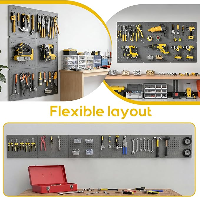 Peg Board for Tools, 6 Pack Metal Pegboard Wall Organizer with Hooks,16"×12" Gray Pegboard Panels for Walls Home, Garage Tool Storage, Kitchen, Office Organization, Craft Room