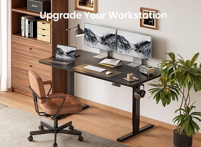 BANTI 63 × 28 Inches Standing Desk, Ergonomic, Electric Height Adjustable, Sit and Stand Up, Computer Desk with a Deeper Desktop, Black Frame/Black Top