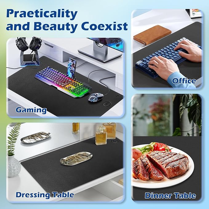 Wireless Charging Desk Mat with Desk Pad for Desktop Charging Large Mouse Pad Waterproof Leather Computer Mat Mouse Pad Non-Slip Protector on Top of Desks for Keyboard and Mouse (black-r, 36*17inch)