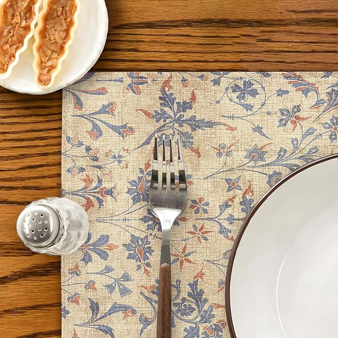 Boho Floral Cream Placemats Set of 4,Vintage Elegant Farmhouse Table Center Linen Decor,12x18 Inch Country Rustic Farmhouse Magical Fall Table Mats for Party Kitchen Dining