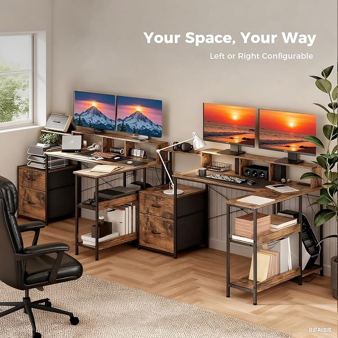 GTPLAYER 73" L Shaped Gaming Desk, Reversible Computer Desk with Power Outlets & LED Lights, Home Office Corner Desk with Storage Shelves, Monitor Stand, and Tower Space, Vintage Brown