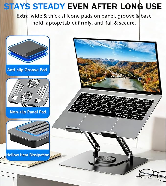 Laptop Stand with Cooling Fan, 360° Rotating Base Aluminum Laptop Riser, Foldable Ergonomic Computer Stand for Desk, Height Adjustable Notebook & All Laptops Up to 17.3" (Black)