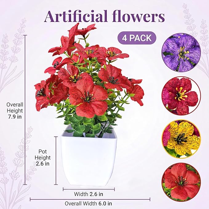 Fake Potted Flowers, Small Artificial Plants Indoor, Spring Decorations for Home, Mini Fake Flowers with Pot for Office Desk, Bathroom & Room Decor