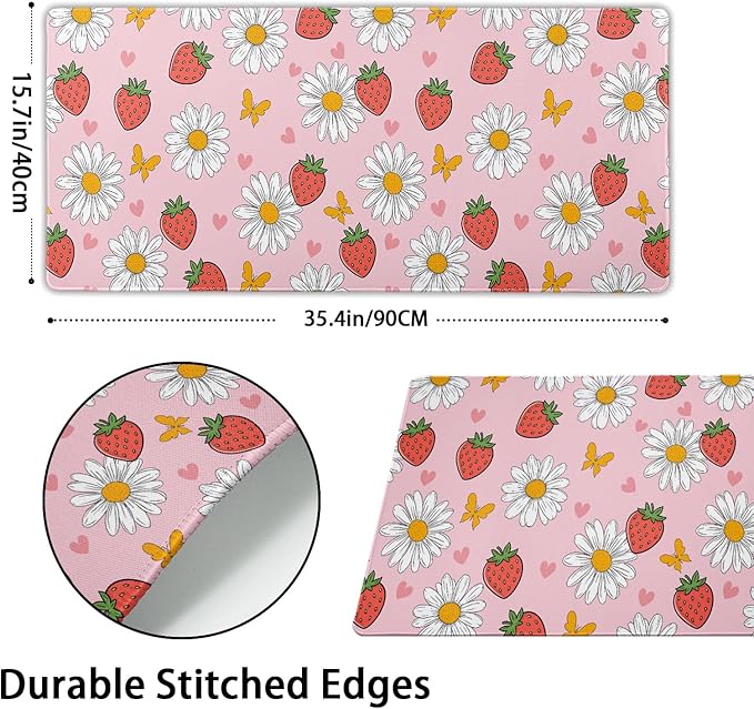 Cute Strawberry Extended Gaming Mouse Pad XXL Pink Cute Desk Mat Kawaii Pink Large Mouse Pad 35.4"X15.7" Waterproof Desk Mat with Stitched Edge Non-Slip Laptop Computer Keyboard Pad for Home & Office