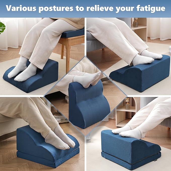 Foot Rest Under Desk for Office, Ergonomic Adjustable Footrest with Washable Cover, Soft Desk Foot Stool for Home Office, Work, Gaming, Long Sitting, Blue