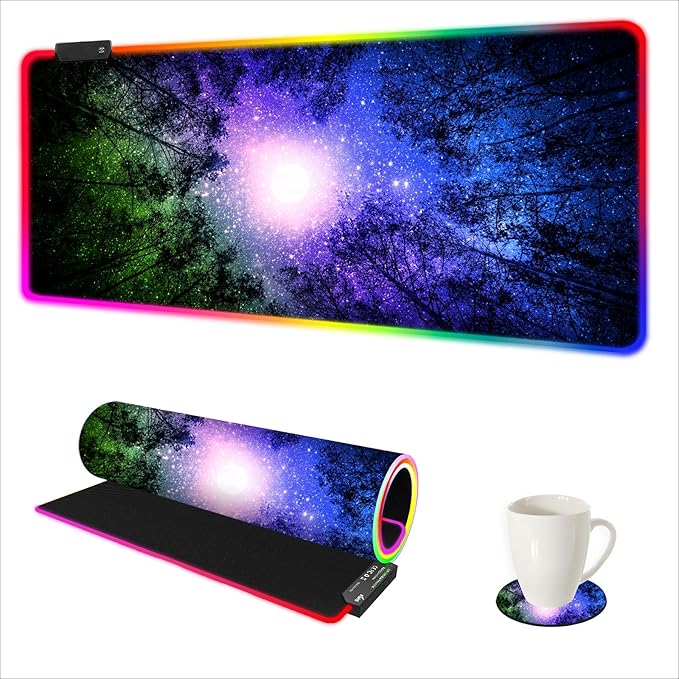 ARTSO Gaming Mouse Pad RGB Starry Sky, Forest Large Mousepad with Non-Slip Rubber Base, Cool XXL Computer Desk Pad, 35.4 x15.7In Big Gaming LED Light Up Mouse Pad for Gamer