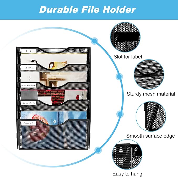 Wall Hanging File Holder 5 Pocket Wall Mounted Paper Organizer Magazine File Holder Storage Rack,Black