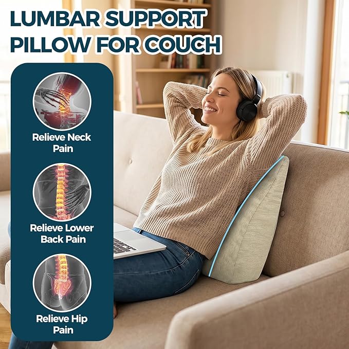 Back Support Pillow for Recliner Soft Dual Layer Lumbar Support Pillow with Shredded Memory Foam Ergonomic Orthopedic Couch Lumbar Cushions for Elderly Lower Back Pain Relief Khaki