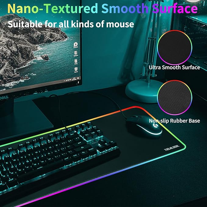 TIDALSOIL RGB Gaming Mouse Pad, 31.5 x 11.8 Inch Oversized Mouse Mat with 12 Light Modes, Non-Slip Rubber Base, Large Keyboard Pad for PC Gaming, Office, Black