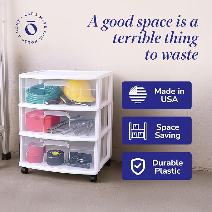 HOMZ Drawer Tower, 3-Tier Wide Rolling Storage Cart with Removable Wheels, White Frame – Plastic Organizer with Clear Bin Drawers for Bedroom, Bathroom, Home Office, and Dorm Room
