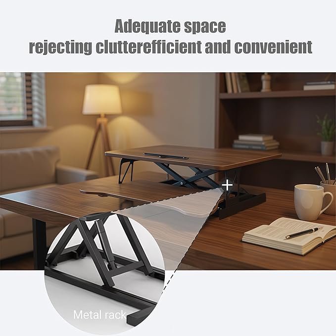 32 Inch Height Adjustable Stand Up Desk Riser, Heavy Duty Computer Workstation with Removable Keyboard Tray - Ergonomic Design for Home Office Workshop Gaming, Spacious Platform(Walnut)